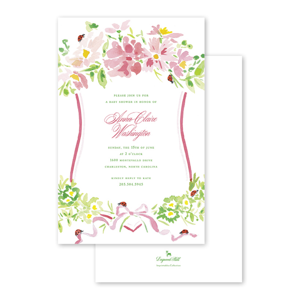 Pink Cosmos and Ladybug Crest Imprintable Invitation